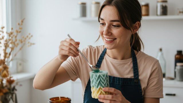 Young Caucasian woman smiling while making colorful candles in a cozy indoor workshop Highlights creativity and self care
