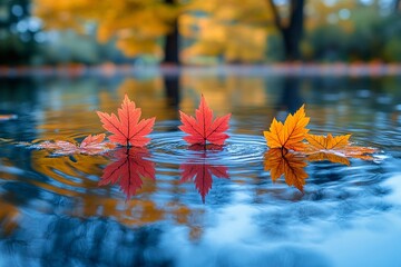 Colorful autumn leaves floating on water creating beautiful reflections in nature's calm setting