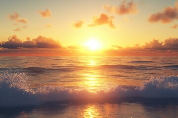 Fototapeta premium Sunrise over calm ocean waves creates a serene coastal atmosphere