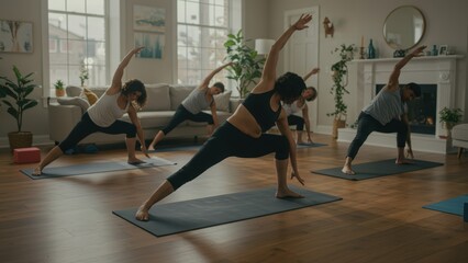 Obraz premium Adult Hispanic, Black, Asian, white women and man practicing yoga indoors in cozy studio, focusing on wellness and diversity