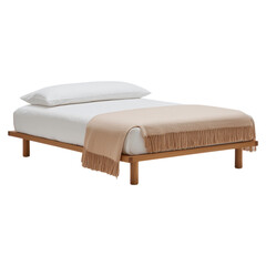 Fototapeta premium A minimalistic wooden bed with a white mattress, a simple white pillow, and a beige fringed blanket draped over the edge.