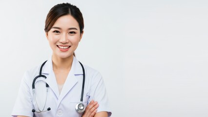 Asian woman smiling as medical professional in white lab coat with stethoscope in clean clinical setting emphasizing diversity and healthcare