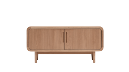 Minimalist wooden cabinet with two closed doors and a smooth finish. A stylish and functional furniture piece for home storage and interior decor. Isolated on transparent background, png.