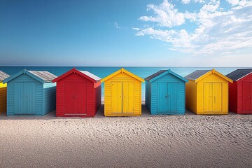 Colorful beach huts line a sandy shore under a bright blue sky