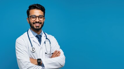 Indian male doctor smiling in white coat with stethoscope against blue background Promotes healthcare and wellness concepts