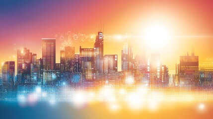 Fototapeta premium Vibrant Cityscape Skyline at Sunrise with Silhouette of Buildings against Colorful Horizon