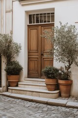 Fototapeta premium A picturesque entrance features beautifully crafted wooden doors flanked by vibrant potted greenery, set along a charming cobblestone street bathed in the warm glow of a sunny day in a quaint old town