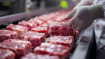 Expertly handling vibrant cuts of beef, a worker in a busy butcher shop carefully arranges the meats on a display. The atmosphere is lively, filled with the sounds of daily operations