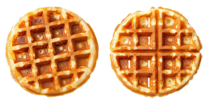 Golden brown waffles with distinct grid patterns on transparency background