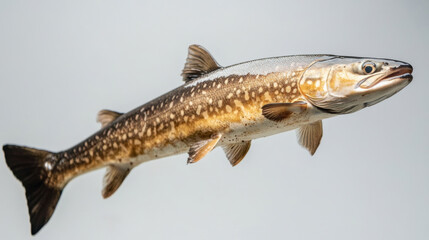 Obraz premium Trout fishing, river trout, Fario breed wild trout on white , floating in the air on white background.