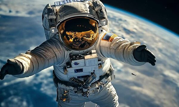 Astronaut floating in deep space with Earth in the background, symbolizing space exploration, adventure, and scientific discovery.