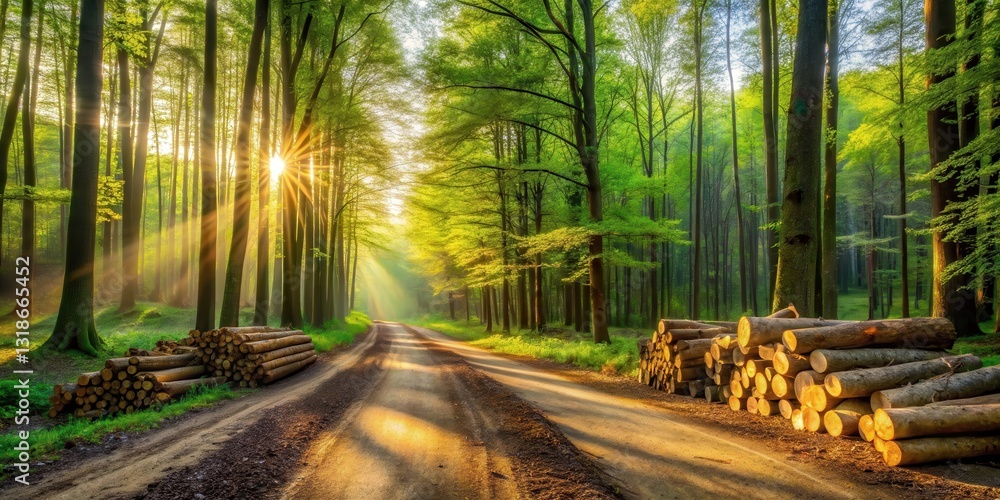 Aufkleber a sun-drenched forest path winds through a dense canopy of trees, golden rays illuminating the way a