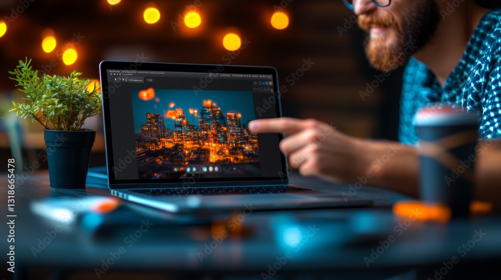Poster man is pointing at a laptop screen with a city view. the laptop is open to a photo of a city at nigh