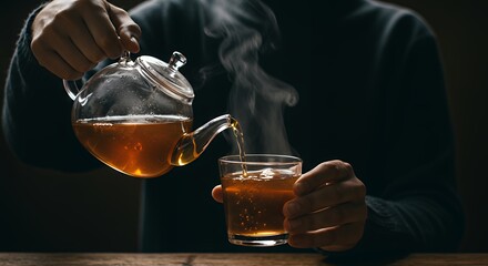 Pouring Hot Herbal Tea Into Glass Cup From Clear Teapot