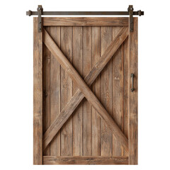 A rustic wooden barn door featuring a diagonal cross design and metal sliding hardware.