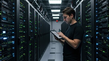 Fototapeta premium Caucasian male data center technician using tablet in server room with neon lights and modern technology Focus on innovation and IT