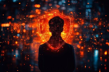 Silhouette of a person with digital shield against a backdrop of glowing technology elements