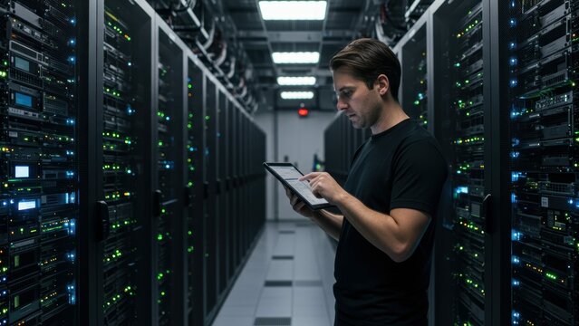 Caucasian male data center technician using tablet in server room with neon lights and modern technology Focus on innovation and IT