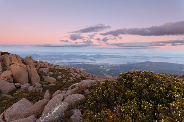 Sunset over Mount Wellington, Hobart in Australia Tasmania.