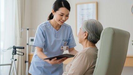 Obraz premium Asian nurse assisting elderly woman in nursing home during check up, showcasing compassion and healthcare professionalism