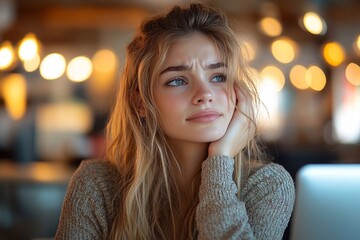 Obraz premium A young woman gazes pensively with her hand on her chin, revealing long hair and bright blue eyes