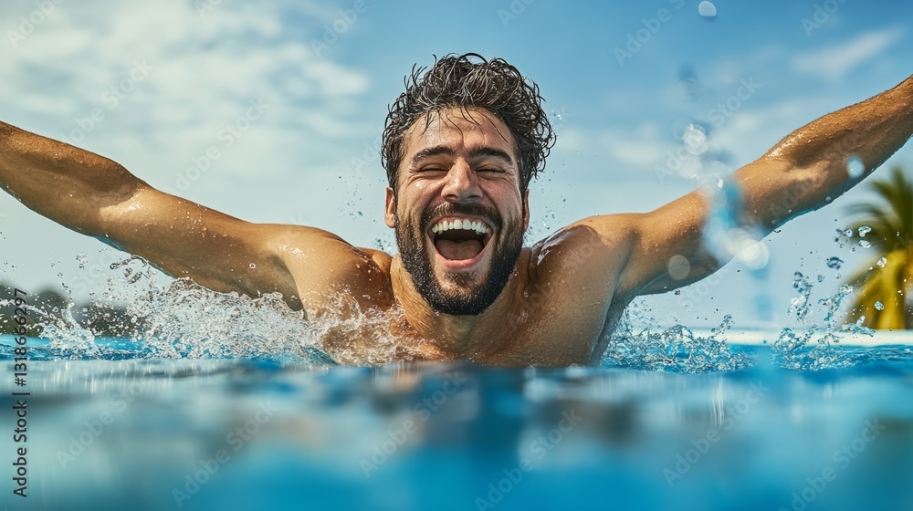 Poster man is smiling and splashing water in a pool. scene is happy and carefree