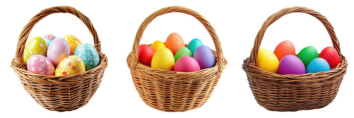 Colorful Easter eggs in three wicker baskets, showcasing vibrant designs