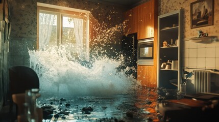 An emergency scenario with a high-pressure water burst from a ruptured pipe, illustrating the immediacy of plumbing repairs.