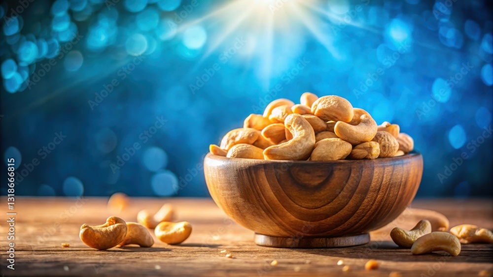 Poster cashew nuts in a wooden bowl on a rustic wooden table, with a blue bokeh background and a soft light