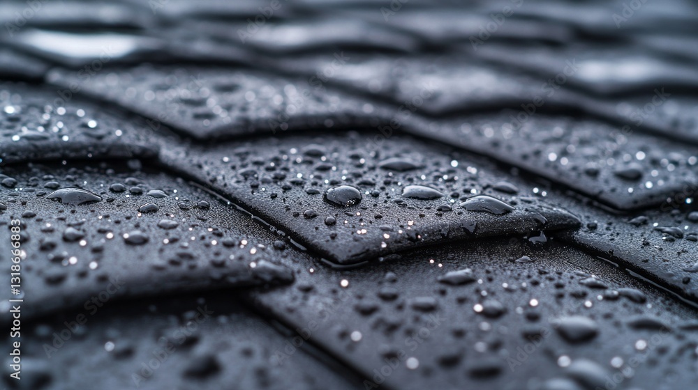 Poster cool droplets cling to dark, layered tiles, reflecting the fading light of day. the gentle pattern c