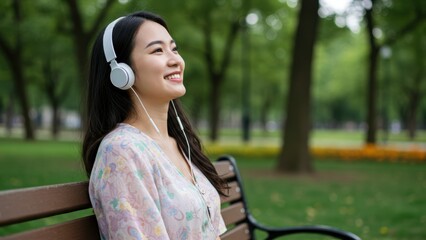 East Asian woman relaxing in park, listening to music with headphones Represents well being and leisure