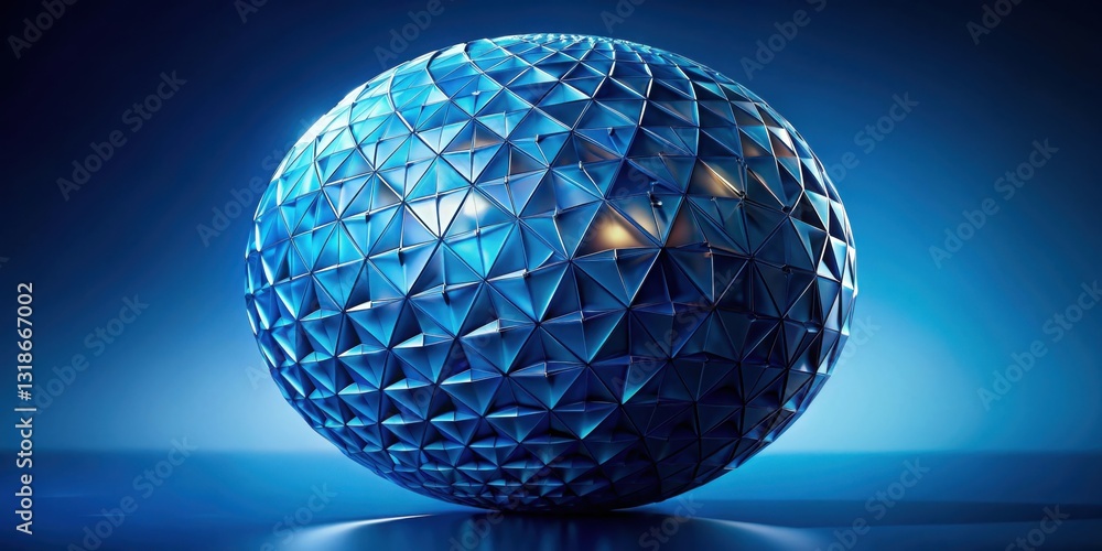 Poster A mesmerizing, abstract blue sphere, its surface crafted from an intricate network of glossy triangular facets, casts a soft reflection on the surrounding blue plane.