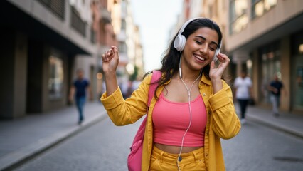 Fototapeta premium South Asian woman dancing with headphones in urban street, enjoying music Captures youthful exuberance and urban lifestyle