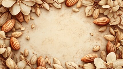 Decorative floral and nut border arrangement on textured neutral surface