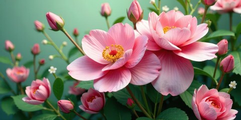 Obraz premium A Delicate Cluster of Pink Blossoms in Full Bloom, Displaying Exquisite Petals and Vibrant Hues, Nestled Among Lush Green Foliage