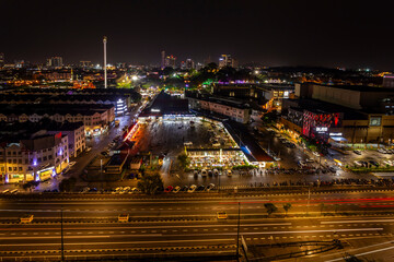 Cityscape of Malacca illuminated in night, Malaysia