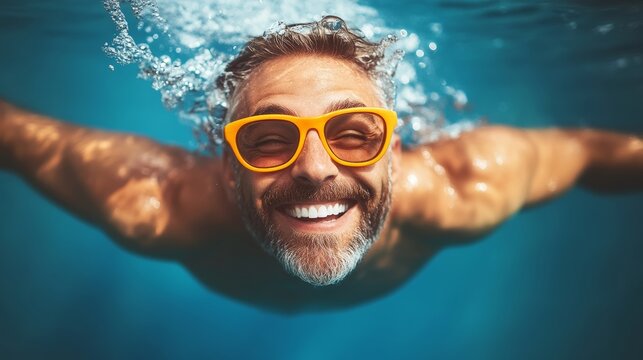 Man in a swimming pool wearing orange sunglasses and smiling. Scene is happy and carefree