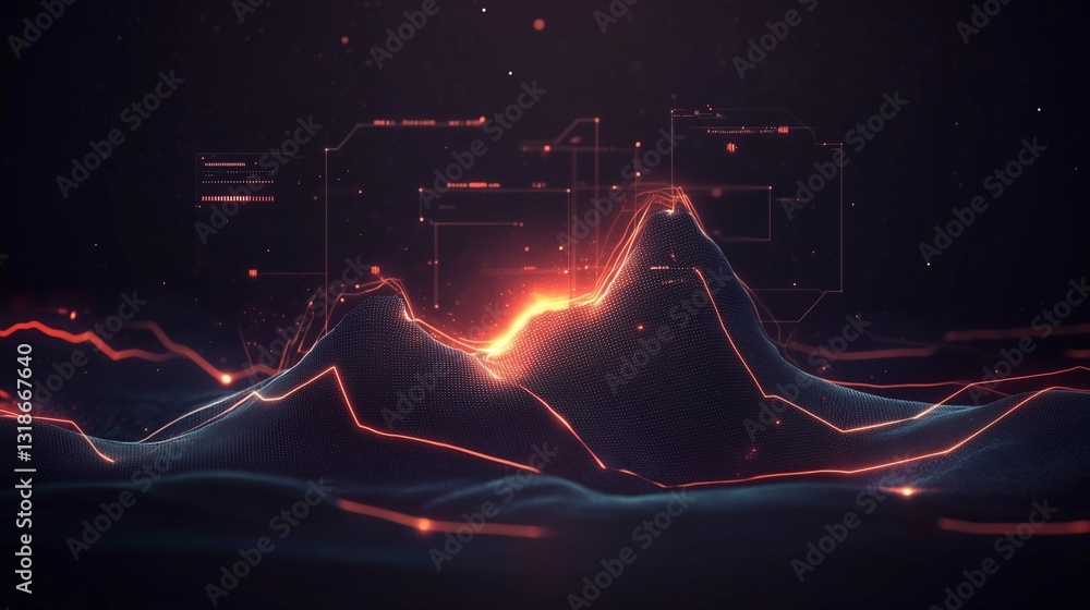 Poster a sci-fi digital landscape featuring a matrix of glowing lines, pulsating blue waves, and microchip-