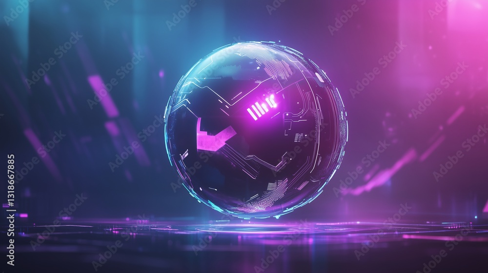 Poster a sleek, minimalistic ai wallpaper with a floating metallic sphere covered in glowing circuits. the 
