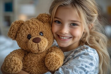 Smiling young girl embraces teddy bear in cozy indoor setting while enjoying playful moment