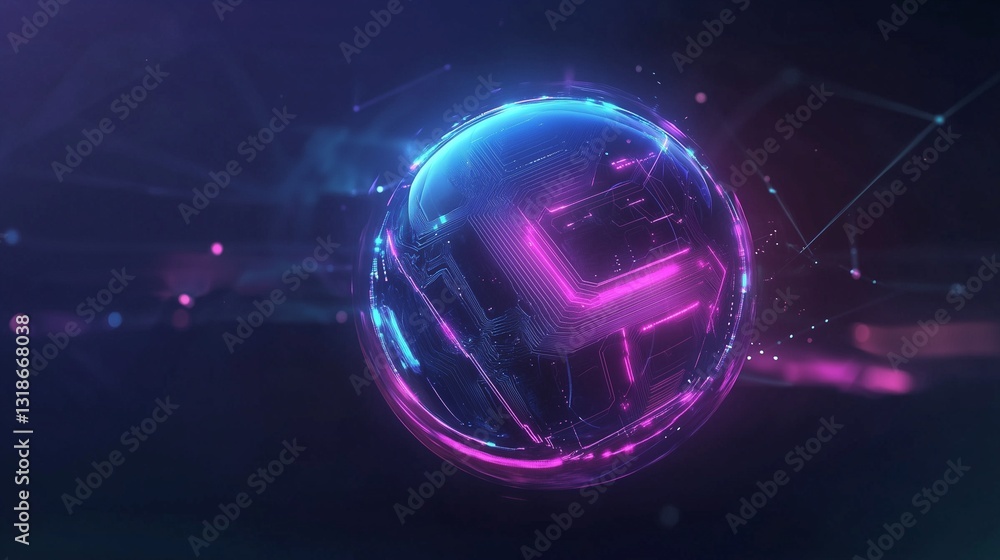Poster a sleek, minimalistic ai wallpaper with a floating metallic sphere covered in glowing circuits. the 