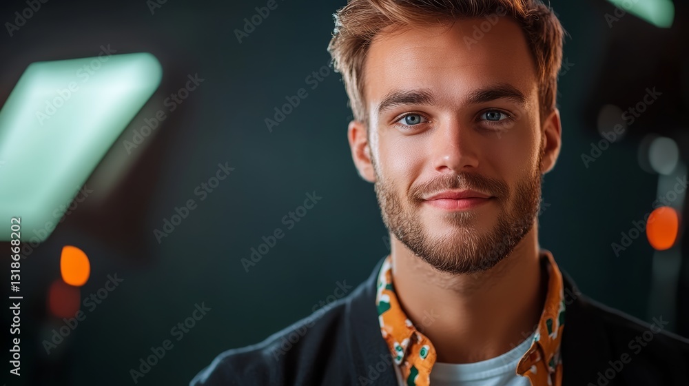 Aufkleber man with a beard and a smile is standing in front of a green light. he is wearing a black jacket and