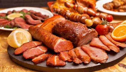 Barbecue mixed platter with an assortment of well-cooked meats