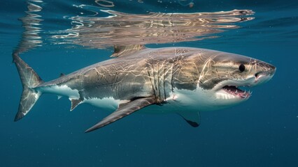 Fototapeta premium Great white shark swimming in ocean waters Highlighting marine life and predator behavior, with themes of marine conservation and biodiversity