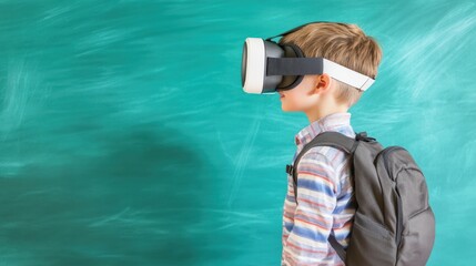 Young boy wearing virtual reality headset in classroom setting, exploring immersive technology