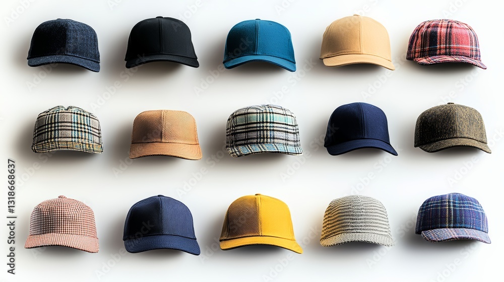 Poster row of hats with different colors and patterns. the hats are arranged in a line and are all facing t