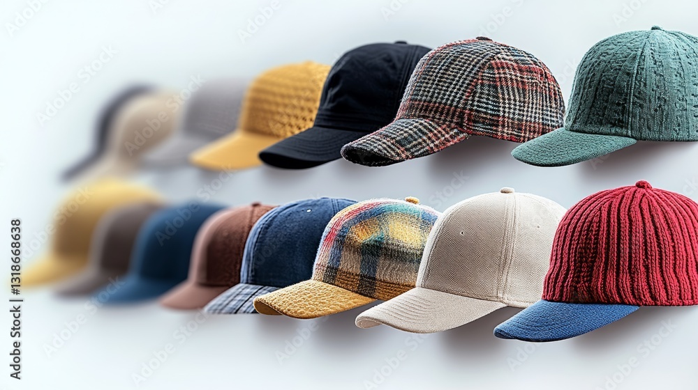 Poster row of hats with different colors and patterns. the hats are hanging on a wall. the hats are arrange