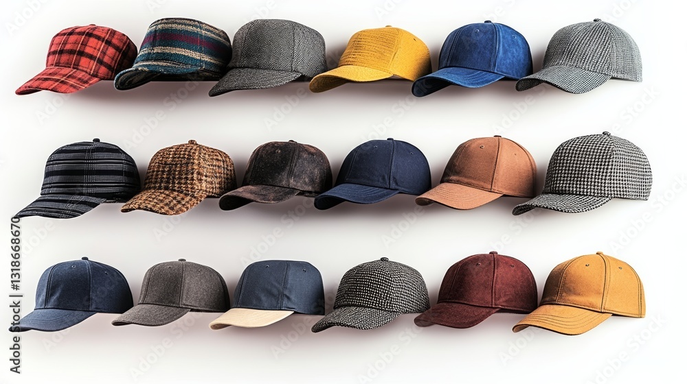 Poster row of hats with different colors and patterns. the hats are hanging on a wall. the hats are arrange