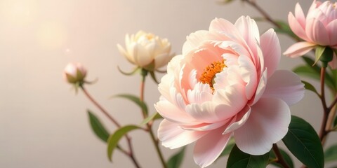 Fototapeta premium Soft Pastel Peonies in Gentle Sunlight, a Delicate Floral Arrangement Displaying the Beauty of Nature's Subtle Hues