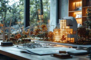 Detailed architectural model showcasing modern design elements in a serene environment